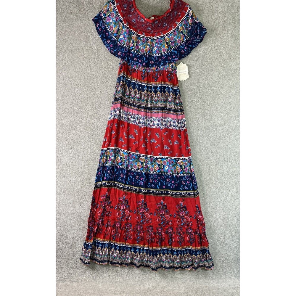Altar'd State Maxi Dress Womens Medium Red Blue Floral Boho Off Shoulder Pockets